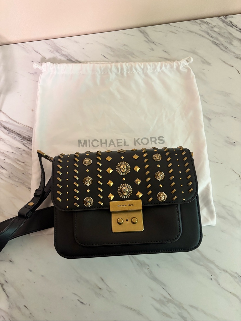 Michael Kors Black Leather Crossbody with Gold Stud Accents